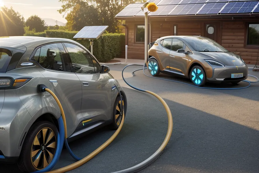 Voiture électrique en charge dans une allée grâce à l'autoconsommation solaire près d'Albi, dans le Tarn
