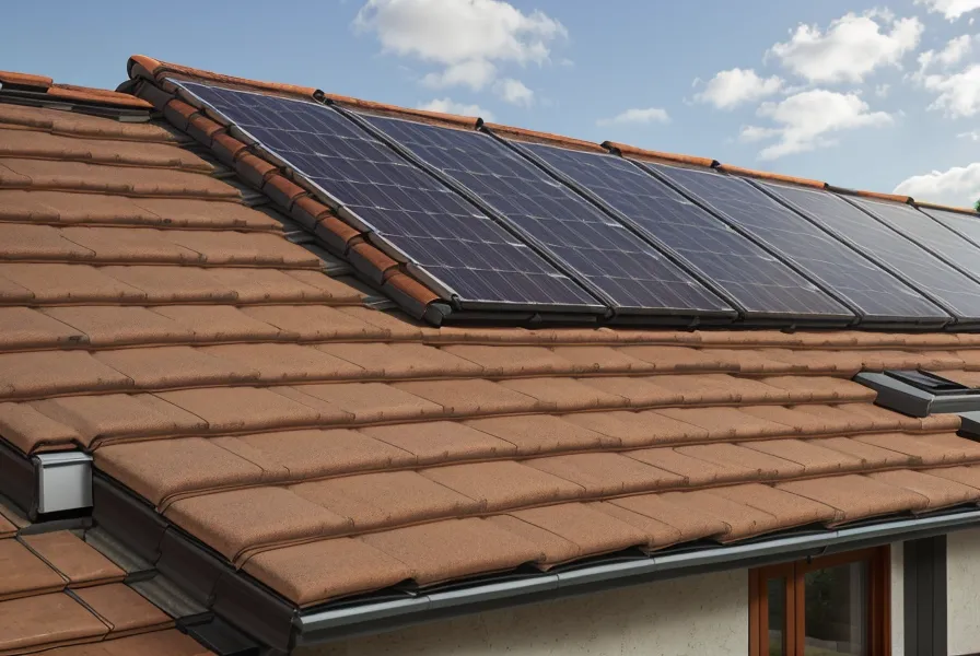 Panneaux solaires sur un toit de tuiles sous un ciel d'hiver clair