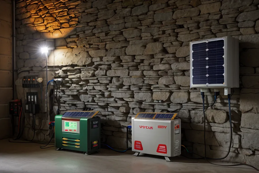 Onduleur solaire au mur du cellier, voyant allumé pendant une éclaircie d'automne dans le Tarn